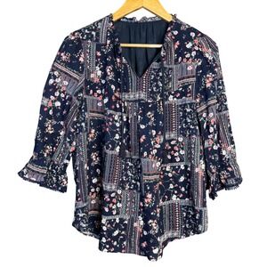 Bloomsbury London Shirt Women S Blue Floral Patchwork Tassel Tie Boho Peasant